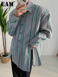 Women Green Striped Slit Big Size Blouse New Lapel Long Sleeve Loose Fit Shirt Fashion Tide Spring Autumn 2023