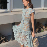 Lace Women's Dress Blue Green High Waist Irregular Mini Dress Vestido Woman Short Sleeve Runway Sexy Party