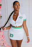 White Turn-down Collar Short Sleeves Letter Print Crop TopTwo Piece Skirt