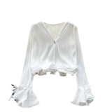 Shirt Women Spring And Autumn New Three-Dimensional Lotus Edge V Collar Folded Horns Short Top