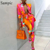 Fashion Tie Dye Blue Print Blzaer Suit Women Tracksuit Pants Set 2021 Y2K Long Sleeve Tops And Skinny Pants Two Piece