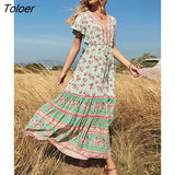 V-Neck Short Sleeve Summer Dress Floral Printed Bohemian Maxi Dresses Casual Beach Women Clothing 2023 Female