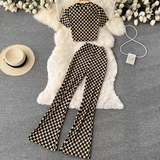 Summer Women Fashion Retro Plaid Set Short Sleeve Slim Short Tops+High Waist Long Flared Pants Two Piece