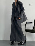 Fashion Women's Notched Collar Spliced Diagonal Buckle Striped Blazer Loose High Waist Grey Skirt Spring 2023 New