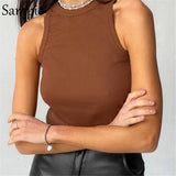 Knitted Summer Ribber Sleevless T Shirt Tops Women Casual Khaki White Crop Tops 2021 Club Short Skinny Tank Tops