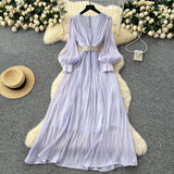 High-End Temperament Fashion V-Neck Lantern Sleeve Strap To Close Waistguel Dress Female Elegant Long