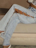 Jeans Women Loose Mid-Rise Broad Leg Trousers Diamond Spliced Side Hollow Drag Trousers