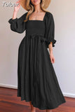 Spring Summer Tie Cord Waist Belt Ruffle Lantern Sleeve Dress Casual Women's Square Neck A-line Multi Wear Elegant