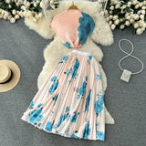 Vacation Beach 2pcs Set Women Floral Printed Short Sleeve Tops And High Waist Pleated Long Skirt Suit Spring