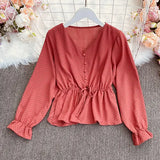 New Spring Fashion All-match V-neck flared sleeve Shirt lace up waist slim dot Long Sleeve Shirt