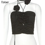 Sexy 3D Flowers Women Camis Sleeveless Backless Multi-Ways Bandage Slim Crop Tops Female Black Vest