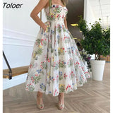 Backless Suspender Dresses 2023 Summer New Elegant Printed Dress Women Waist Closing Sexy Party Club
