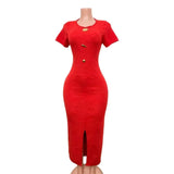 Body-Stupling Short-Sleeved Bag Hip Dress Gold Metal Buckle Open-Fork Solid Color