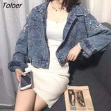 2023 New Pearls Denim Coats for Women Fashion Buttons Long Sleeve Crop Tops Woman Blue Loose Streetwear Jackets