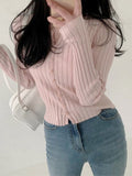 Ribbed Cotton Knitted Top Pink Japanese Fashion Softcore Kawaii Cropped Top Autumn Casual Basic Cardigan Women