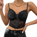 Sexy Lace Corset Cami Hollow Out Tank Top Female See Through Club Party Streetwear Sleeveless Slim Black Goth Crop