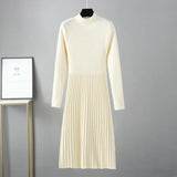 Women Knitted Pleated Dress Winter Solid Stand Neck Sweater Thick Slim Midi Long Dress 2022 Casual Soft Warm
