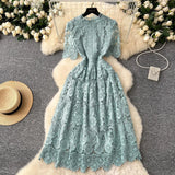 Elegant Heavy Industry Hollow Hook Water-Soluble Lace Dress Women's French Waist Thin Short Sleeve