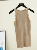 Women Soild Button Hollow Out Thin Knitted Tank Tops Female Girls Double Breasted Knit Sleeveless Sweater