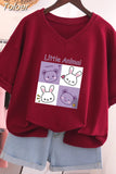Plus Size T Shirt 100% Cotton L-5XL Tshirt Short Sleeve Women Top 2023 Summer Cartoon T Shirt V Neck Oversized T