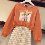 Vintage Printed Drawstring Long Sleeve Sweater Plaid Stitched Button Short Skirt Two Piece Set Elegant Women's Skirt
