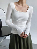 Long Sleeve Square Neck Fitted Tops Gray / Khaki / Black / White Spring Low Neck Women