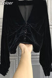 Temperament Ladies Tops Blouse Women V-neck Long Sleeve Folds Shirts Korean Tunic Velvet Blouses 2023 Blusas Mujer De Moda
