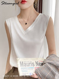 Blouse Women Sleeveless Satin 2022 Summer Basic V Neck White Blouses Sleeveless Silk Summer Clothes For Women Blouses