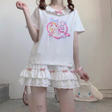 Kawaii White Mini Skirts Women Harajuku Ruffle Lace Bow Patchwork High Waist Pleated Skirt Japanese Style Soft