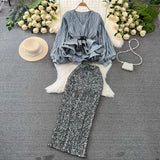 Suit Female Temperament Lantern Long Sleeve V Collar Lotus Leaf Swing Bright Shirt Female High-Waist Lysic Half