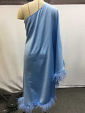 patchwork feathers dress for women Diagonal collar off one shoulder high waist loose Asymmetrical midi dress