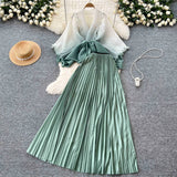 Suit Female Strap To Waist Gradient Color Pressure Folding Shirt High Waist 100 Folded Skirt Two