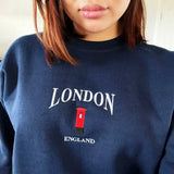 London Telephone Booth Embroidered Fleece Pullover-Outfit