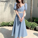Sleeve Dresses Women Blue Original Design Lace Patchwork Empire Elegant Summer Classic Square Collar Temperament