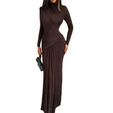 Autumn And Winter New Fashion Temperament Solid Color Collar Long Sleeve Folded Dress Dress