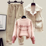 Winter New Cashmere Vest Coat Embroidery Knitted Sweater Casual Trousers Three Piece Elegant Women's Pants Set