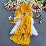 Women Bandage Two Piece Set Spring Autumn Solid Blue/Red/Green Long Sleeve Short Tops And High Waist Split Pants Female Suit