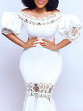 Women's One-Word Collar Bubble Sleeve Lace Splicing Banquet Fishtail Dress Dress Dress Dress Dress