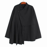 Women Black Irregular Pleated Big Size Blouse New Lapel Long Sleeve Loose Fit Shirt Fashion Spring Autumn 2023