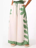 Women's Summer New Short Vest Print Tight Waist Broad Leg Trousers Two-Piece Set Casual
