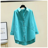 Spring Women's Oversized White Cotton Shirts Women Long Sleeves Loose Tops Plus Size Green Elegant Casual Blouse Blue