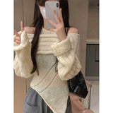 Sweater Women Pure Color Elegant Blouse +Y2k Crop Tops Korean Clothing 2022 Autumn Long Sleeve Pullover 2 Piece Set