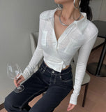 Korean Style Sexy Slim Mint Green Shirt Women Ribbed Irregular Crop Top Autumn Fashion Designer Clothes Ladies