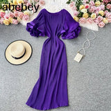 Elegant Women French Style Platycodon Grandiflorum Fairy Ruffled Flare Sleeve Pleated Solid Long Dresses