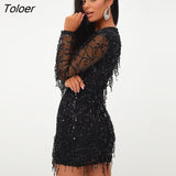 Club Party Dresses Women Summer High Waist Tassel Sequin Dress Female Long Sleeve Casual Black Short Dress Vestidos