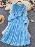 2022 Summer New Lace Embroidery Dress Women Long Sleeve Dresses Female Vintage Party Beach Maxi Long