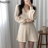 Vintage Woman Dresses V-neck Lantern Sleeve Knit Robe Elegant Vestidos De Mujer Fashion Korean Sweater Y2K Mini