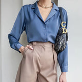 Elegant Satin Silk Women Shirts Spring Autumn Vintage Turn Down Collar Female Blouse white Office Ladies Shirt Tops