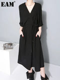 2022 New Spring Summer V-collar Half Sleeve Bandgae Loose Temperament Loose Big Size Chiffon Dress Women Fashion