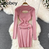 Out Autumn Women Knitted Dress Long Sleeve Elastic Waist Fashion Warm Dress Winter Bodycon Mini Sweater